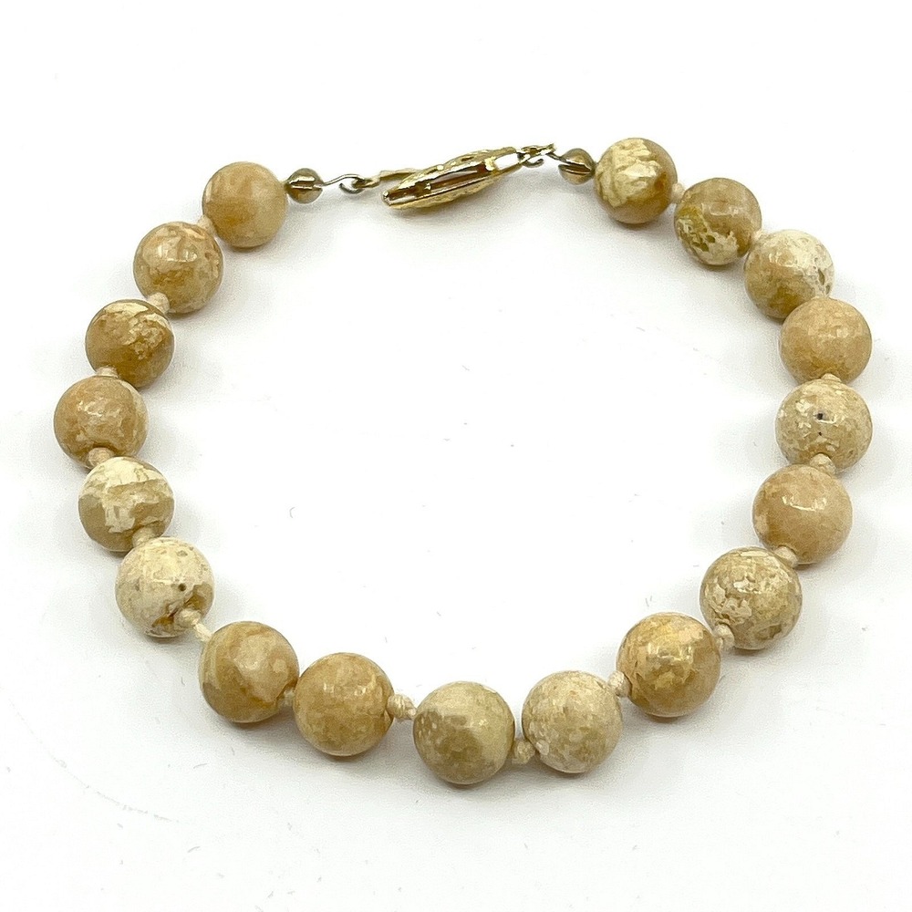 Vintage Gold Tone‎ Jasper Quartz Beaded Strand Bracelet Tan Beige Knotted Boho